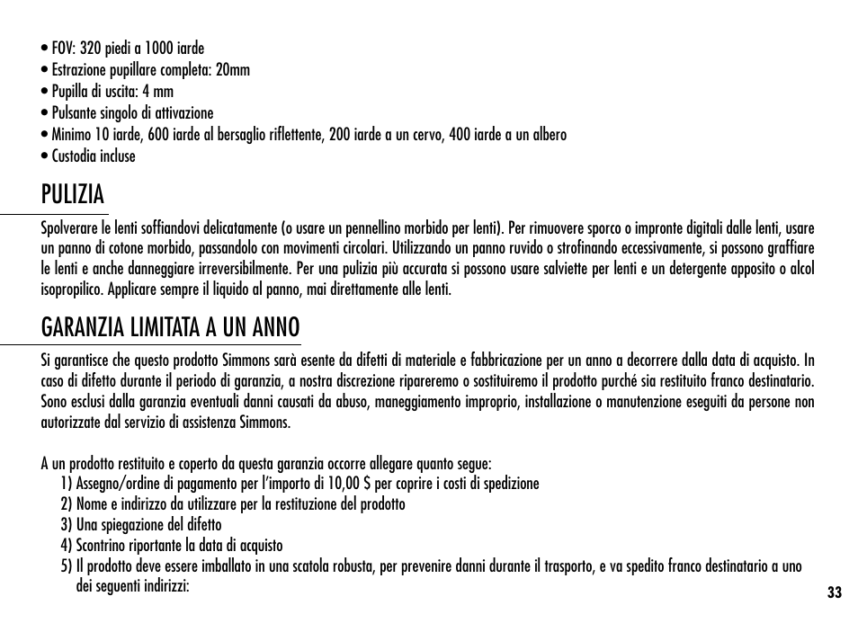 Pulizia, Garanzia limitata a un anno | Simmons Optics Simmons LRF 600 User Manual | Page 35 / 44