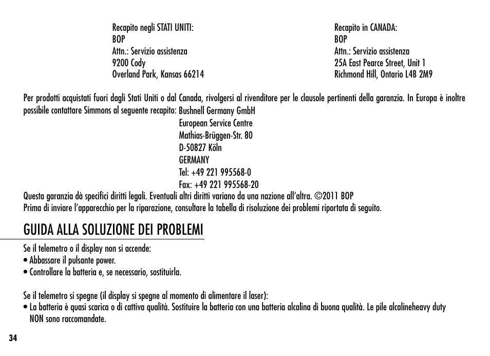 Guida alla soluzione dei problemi | Simmons Optics Simmons LRF 600 User Manual | Page 36 / 44