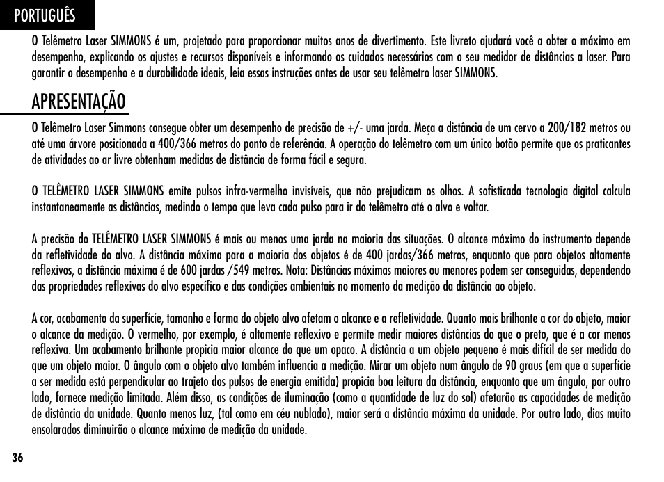 Apresentação, Português | Simmons Optics Simmons LRF 600 User Manual | Page 38 / 44