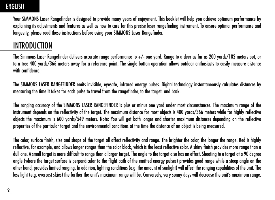 Introduction, English | Simmons Optics Simmons LRF 600 User Manual | Page 4 / 44