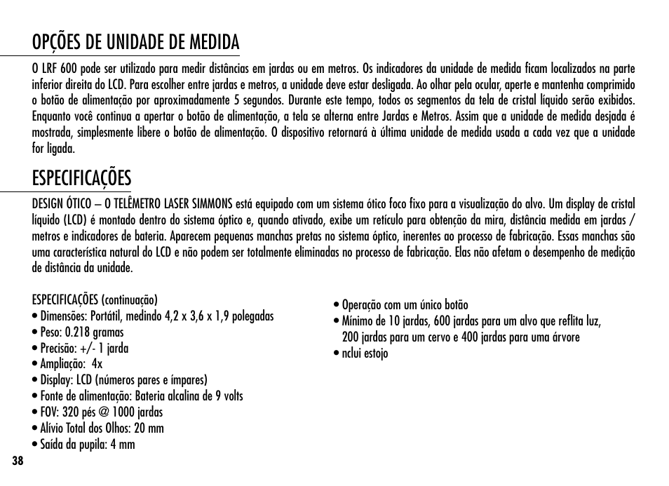Opções de unidade de medida, Especificações | Simmons Optics Simmons LRF 600 User Manual | Page 40 / 44