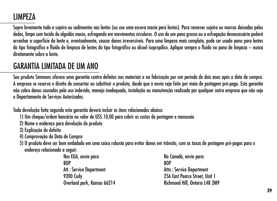 Limpeza, Garantia limitada de um ano | Simmons Optics Simmons LRF 600 User Manual | Page 41 / 44