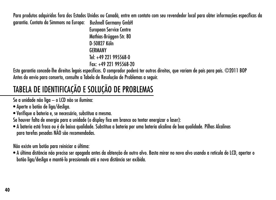 Tabela de identificação e solução de problemas | Simmons Optics Simmons LRF 600 User Manual | Page 42 / 44