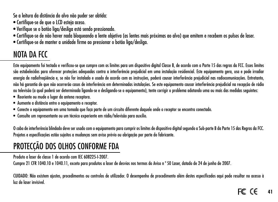 Nota da fcc, Protecção dos olhos conforme fda | Simmons Optics Simmons LRF 600 User Manual | Page 43 / 44