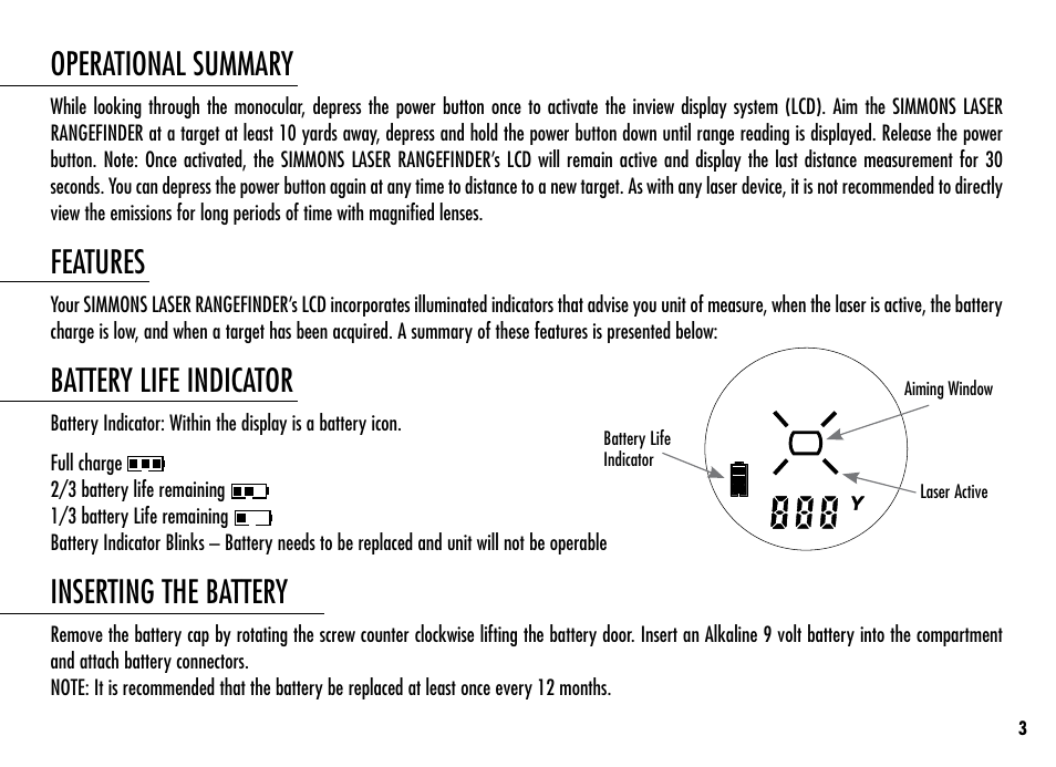 Operational summary, Features, Battery life indicator | Inserting the battery | Simmons Optics Simmons LRF 600 User Manual | Page 5 / 44