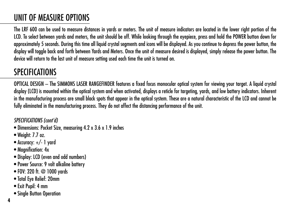 Unit of measure options, Specifications | Simmons Optics Simmons LRF 600 User Manual | Page 6 / 44
