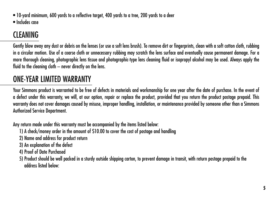 Cleaning, One-year limited warranty | Simmons Optics Simmons LRF 600 User Manual | Page 7 / 44