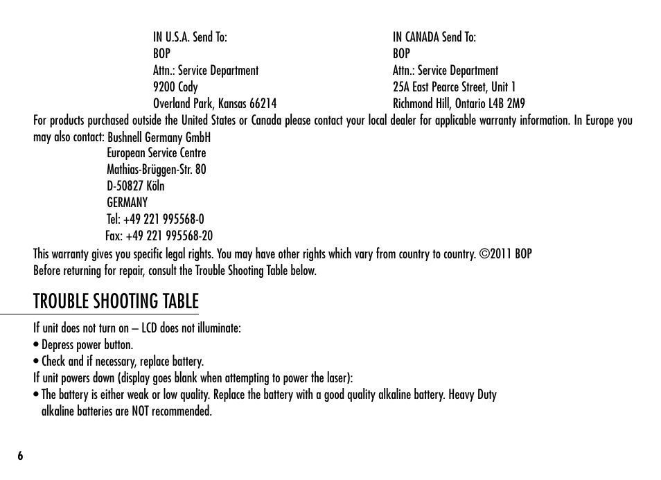 Trouble shooting table | Simmons Optics Simmons LRF 600 User Manual | Page 8 / 44