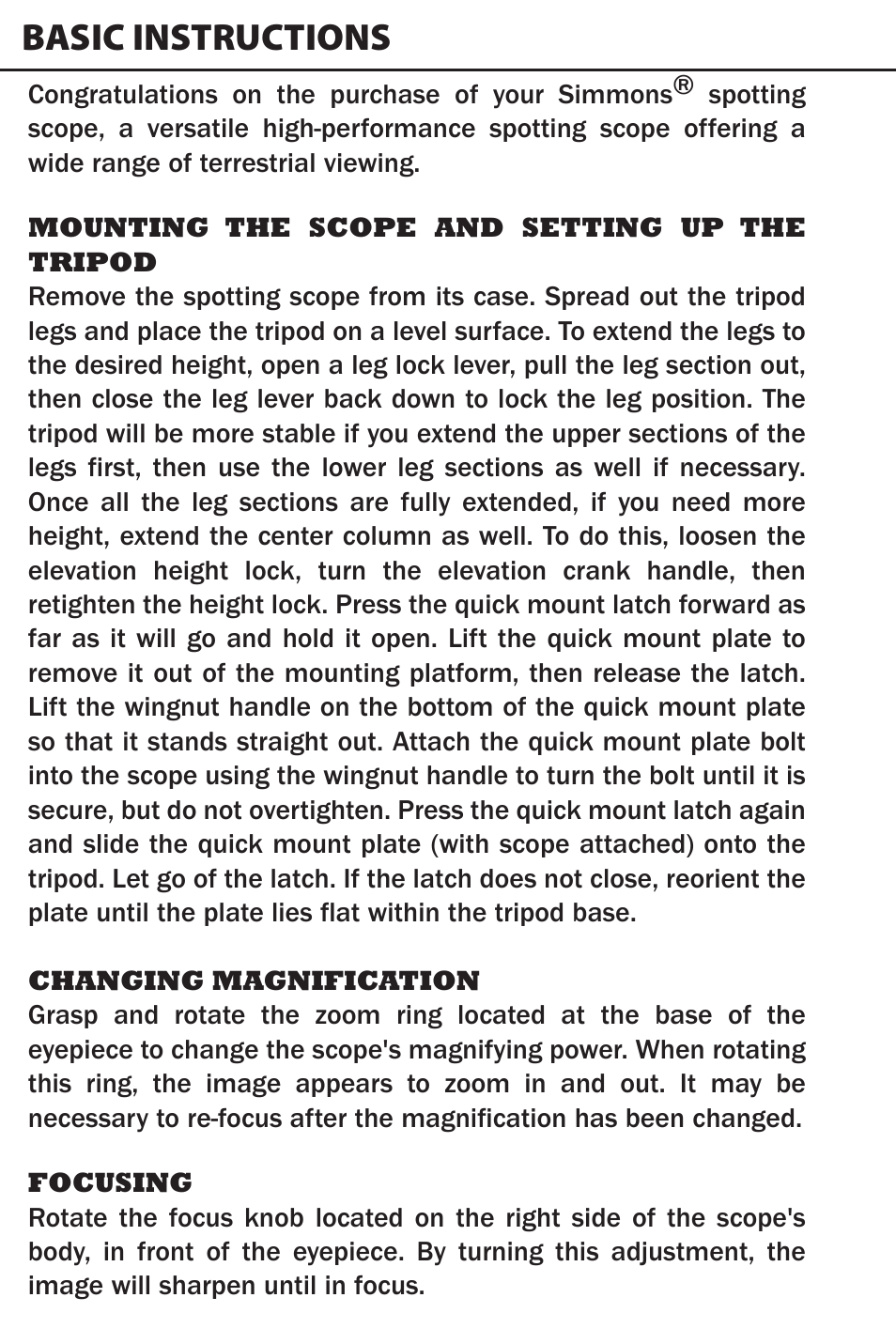 Basic instructions | Simmons Optics Spotting Scope 71-2060 User Manual | Page 2 / 8