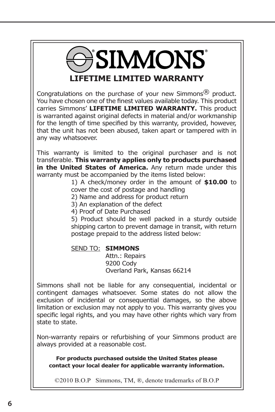 6lifetime limited warranty | Simmons Optics Spotting Scope 71-2060 User Manual | Page 6 / 8