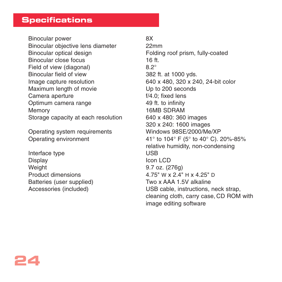 Specifications | Simmons Optics CV-1 8 x 22 VGA User Manual | Page 24 / 28
