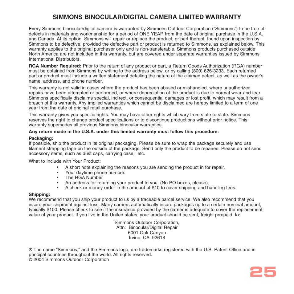 Simmons Optics CV-1 8 x 22 VGA User Manual | Page 25 / 28