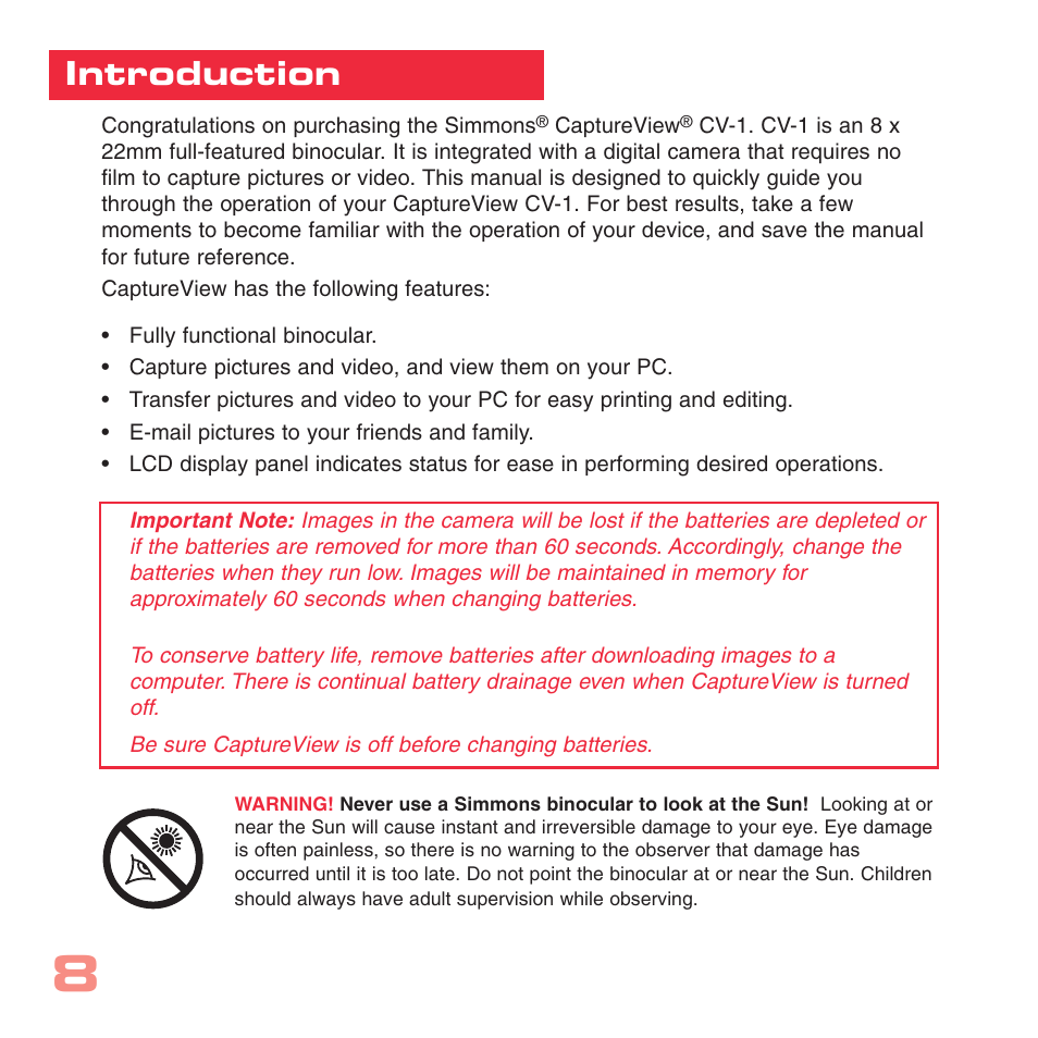 Introduction | Simmons Optics CV-1 8 x 22 VGA User Manual | Page 8 / 28