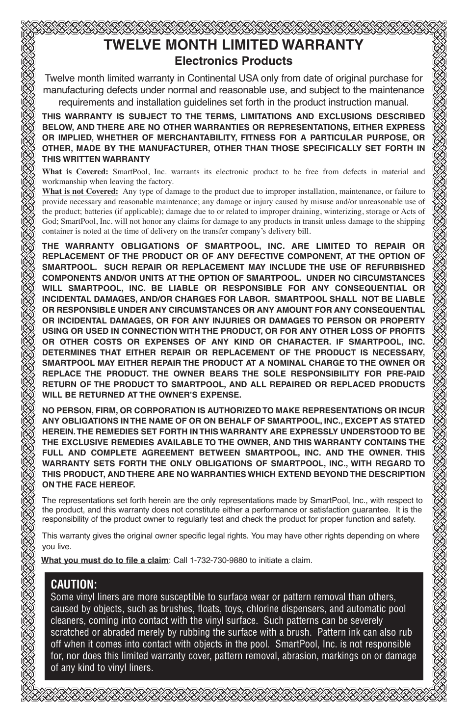 Twelve month limited warranty, Electronics products, Caution | SmartPool Inc Robo-Kleen User Manual | Page 8 / 8