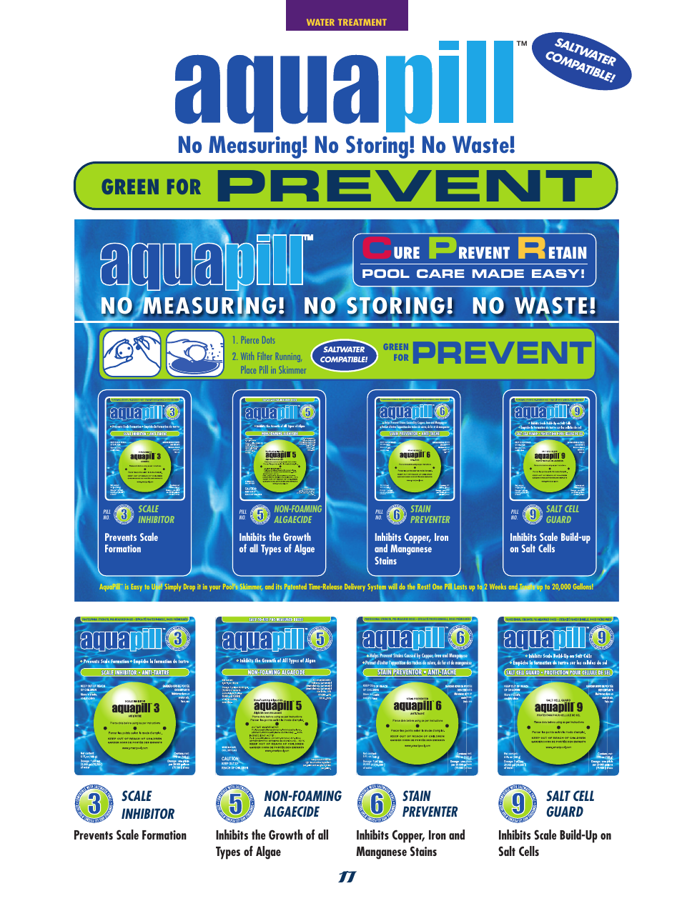 Prevent, No measuring! no storing! no waste, Green for | Revent, Etain, Scale inhibitor, Prevents scale formation, Inhibits the growth of all types of algae, Pool care made easy, Saltw ater com patib le | SmartPool Inc Nitro Robotic Pool Cleaner NC31 User Manual | Page 17 / 52