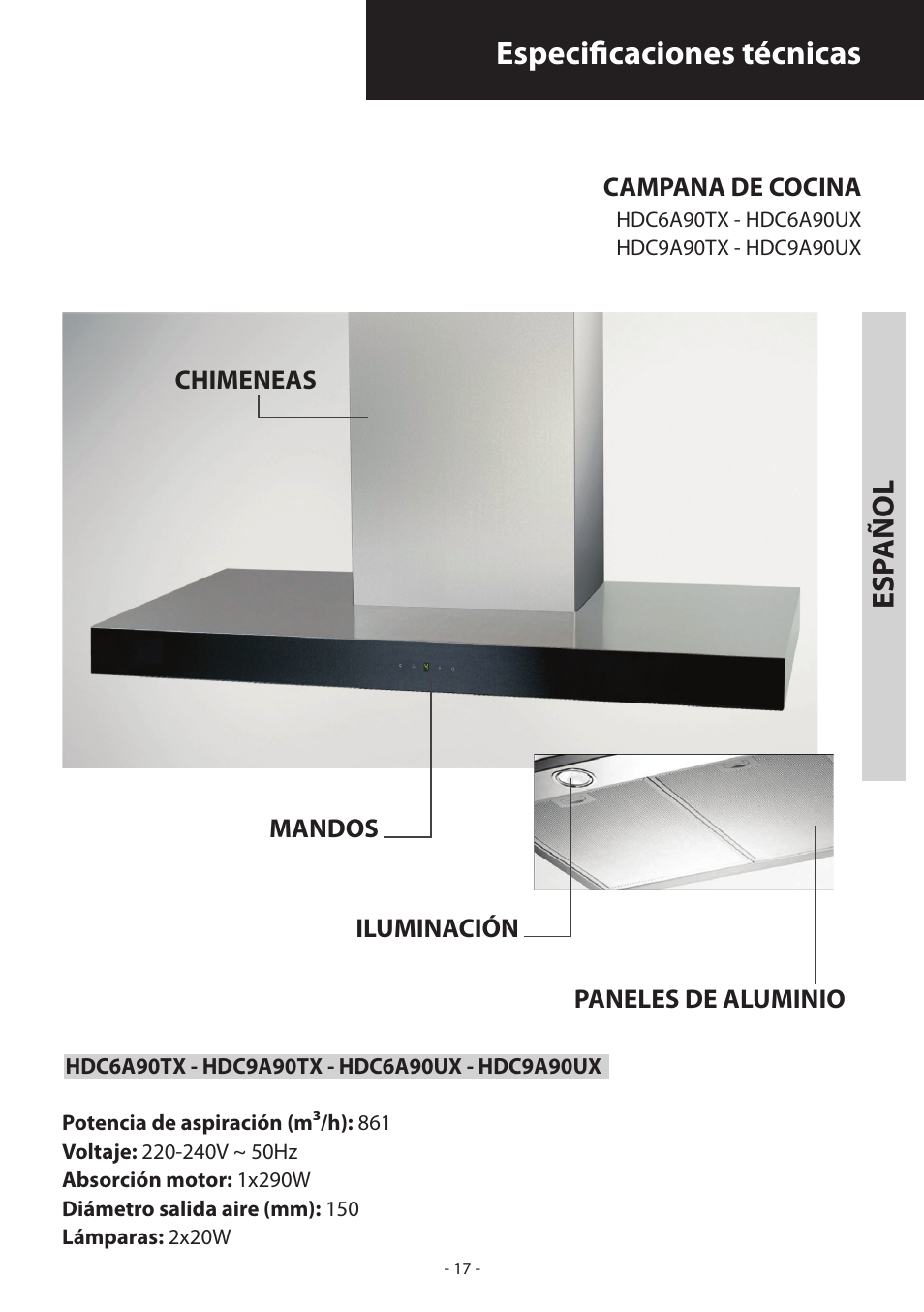 Especificaciones técnicas, Esp añol | Samsung HDC6D90TG User Manual | Page 17 / 84