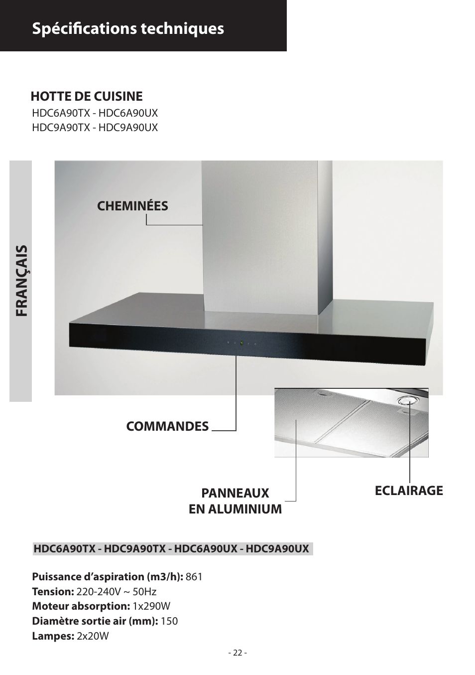 Spécifications techniques, Fr anç ais | Samsung HDC6D90TG User Manual | Page 22 / 84