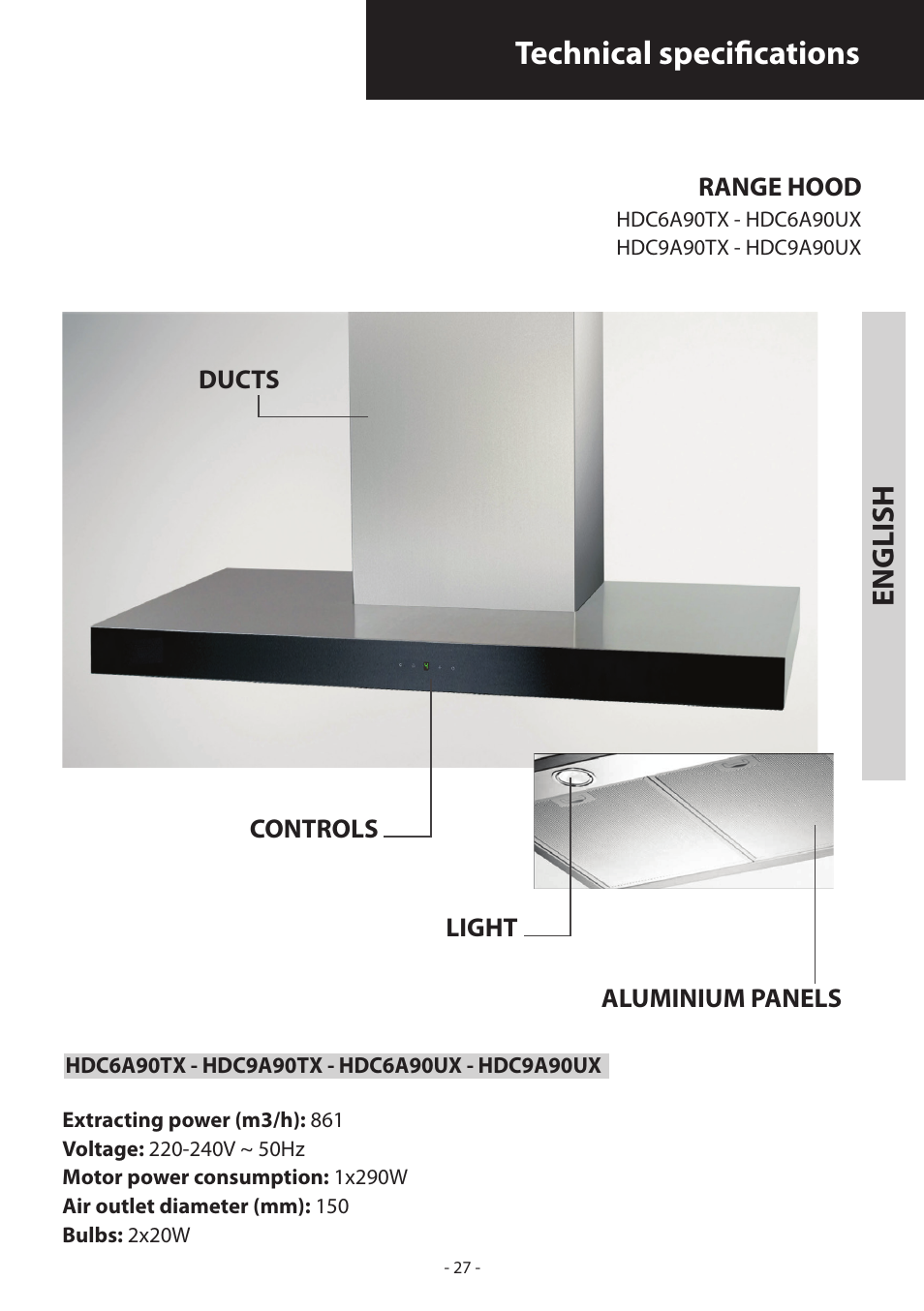 Technical specifications, English | Samsung HDC6D90TG User Manual | Page 27 / 84