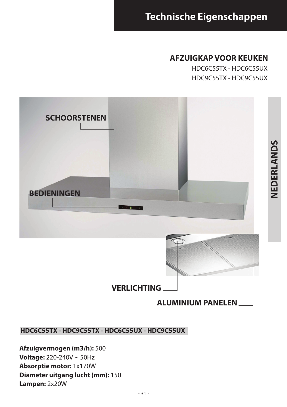 Technische eigenschappen, Nederl ands | Samsung HDC6D90TG User Manual | Page 31 / 84