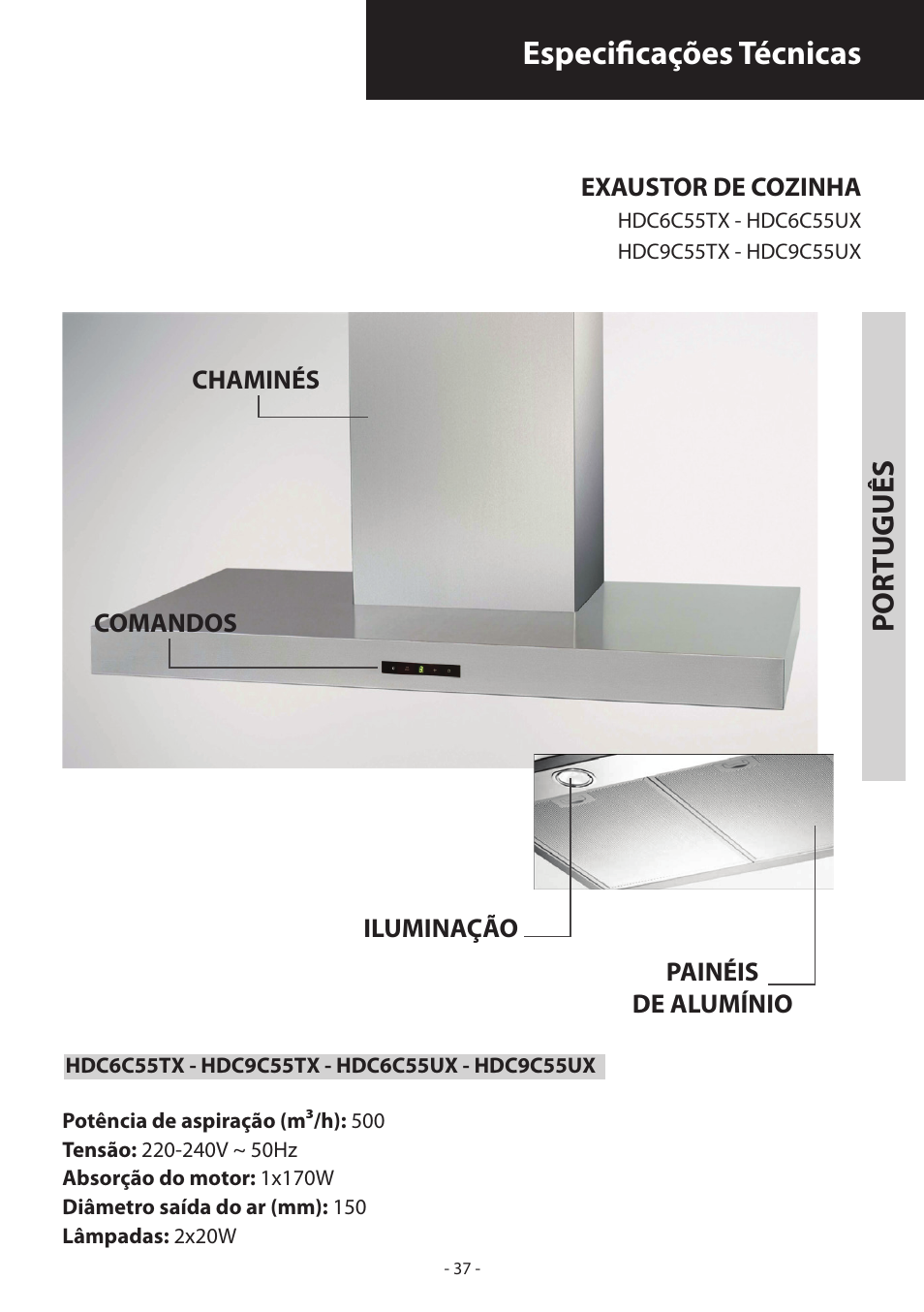Especificações técnicas, Português | Samsung HDC6D90TG User Manual | Page 37 / 84