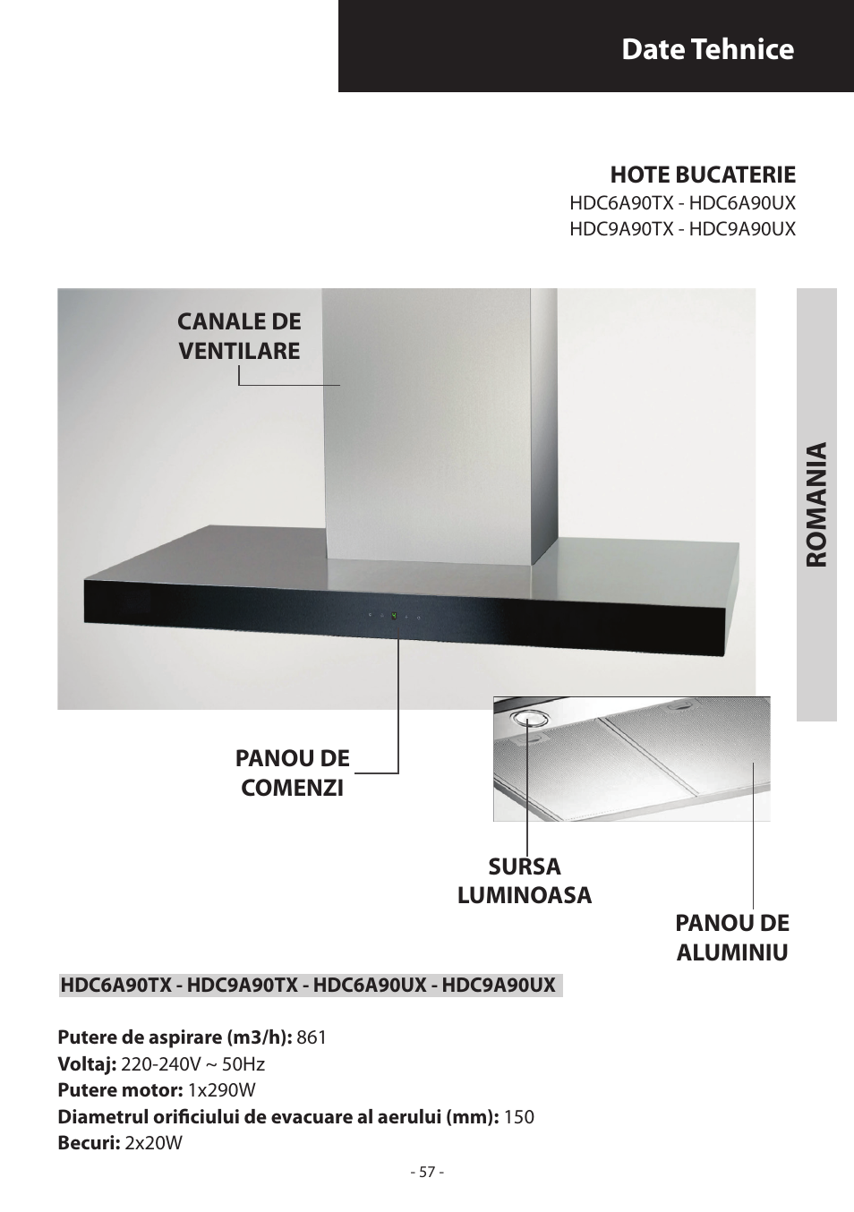 Date tehnice, Rom ania | Samsung HDC6D90TG User Manual | Page 57 / 84