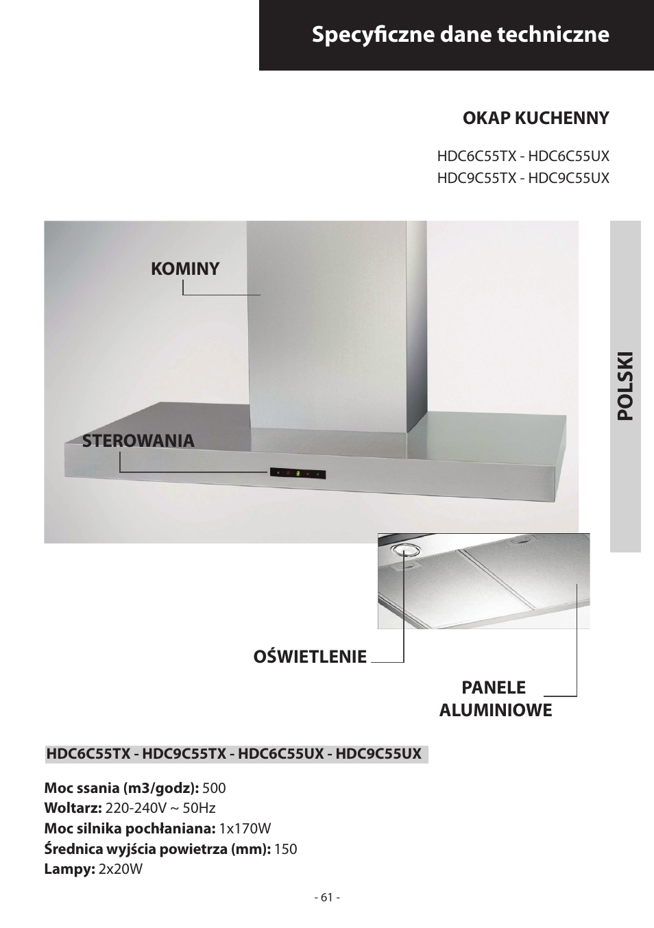 Specyficzne dane techniczne, Polski | Samsung HDC6D90TG User Manual | Page 61 / 84