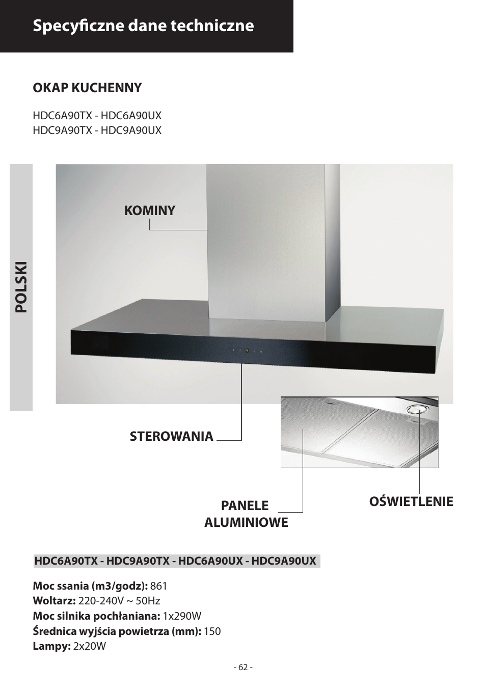 Specyficzne dane techniczne, Polski | Samsung HDC6D90TG User Manual | Page 62 / 84