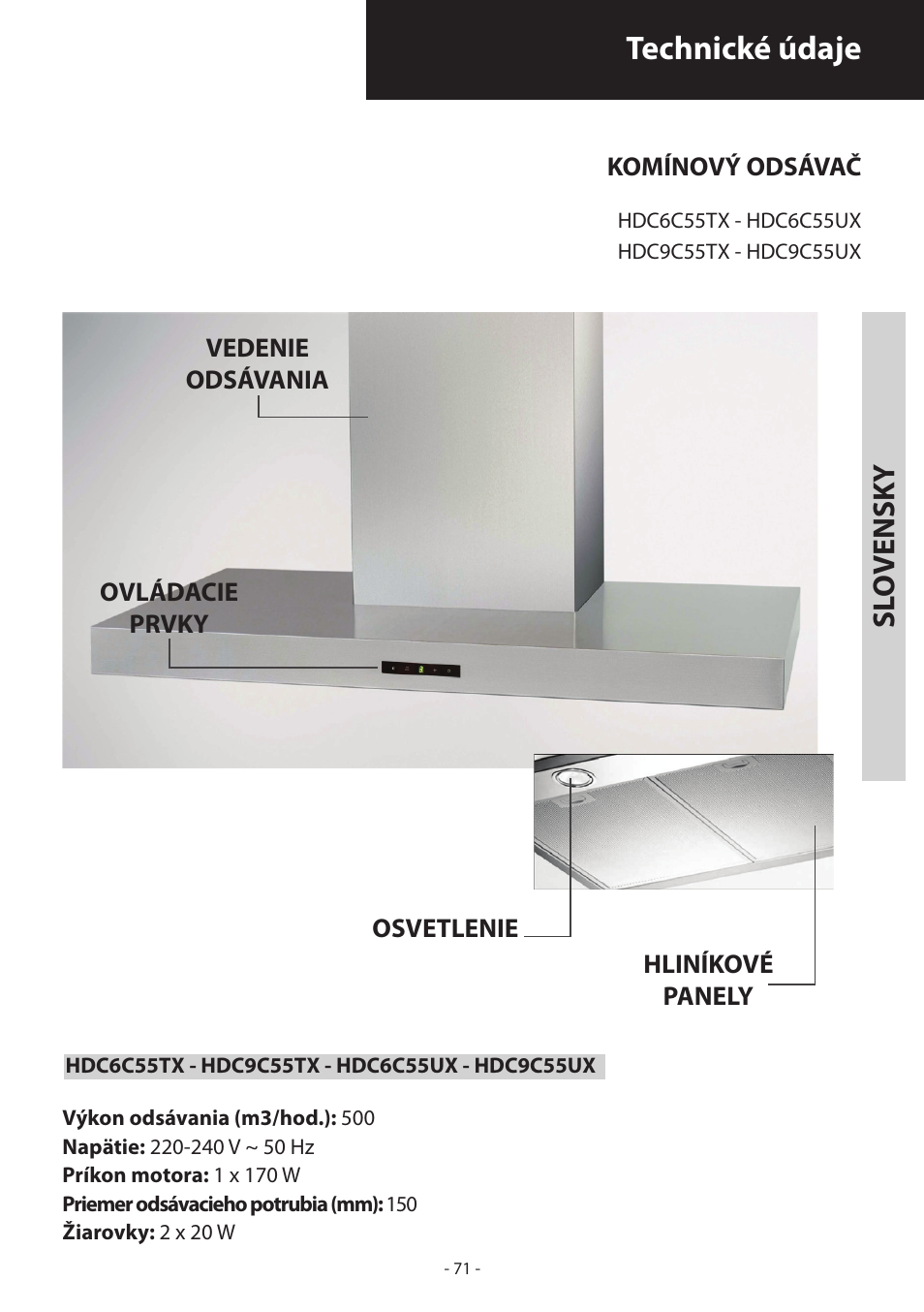 Technické údaje, Sl o vensk y | Samsung HDC6D90TG User Manual | Page 71 / 84