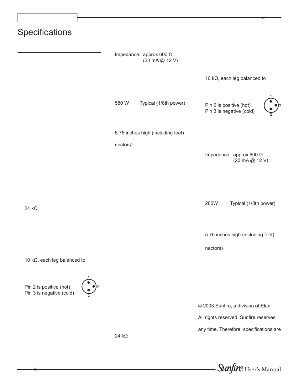 Tga-7401, Tga-7201, Specifications | Appendix, Power output, Power at clipping, min, Hum and noise, Maximum output current, Maximum output voltage, Output impedance front left and right channels | Sunfire TGA7401 User Manual | Page 18 / 20