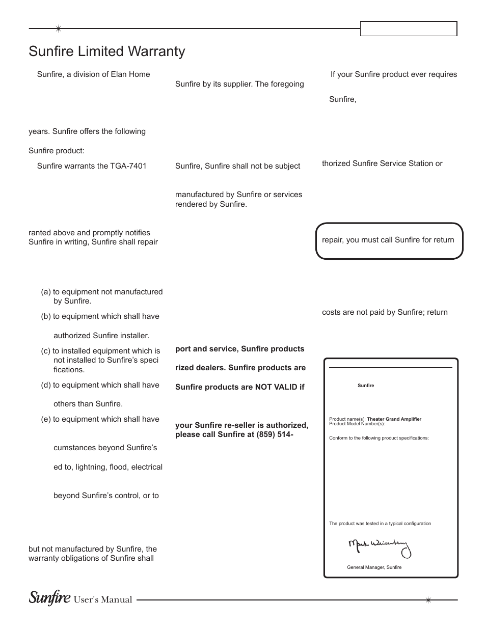 Sunfire limited warranty, Service assistance, Appendix | User's manual | Sunfire TGA7401 User Manual | Page 19 / 20