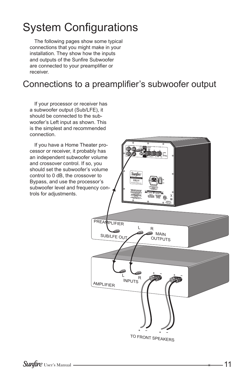 System configurations, Connections to a preamplifier’s subwoofer output | Sunfire HRS-12 User Manual | Page 11 / 20