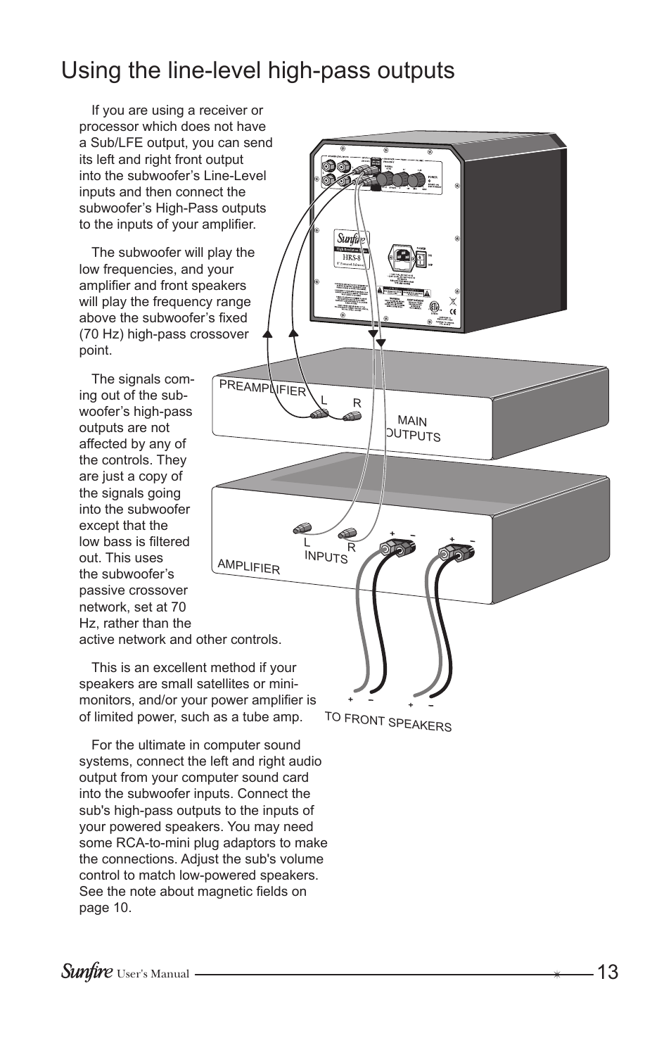 Using the line-level high-pass outputs | Sunfire HRS-12 User Manual | Page 13 / 20