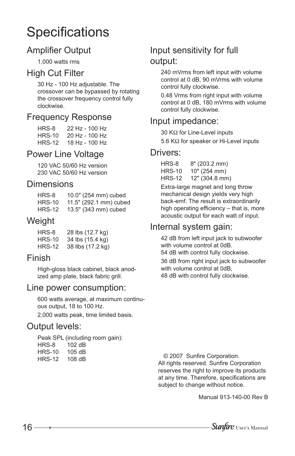 Specifications, Amplifier output, High cut filter | Frequency response, Power line voltage, Dimensions, Weight, Finish, Line power consumption, Output levels | Sunfire HRS-12 User Manual | Page 16 / 20