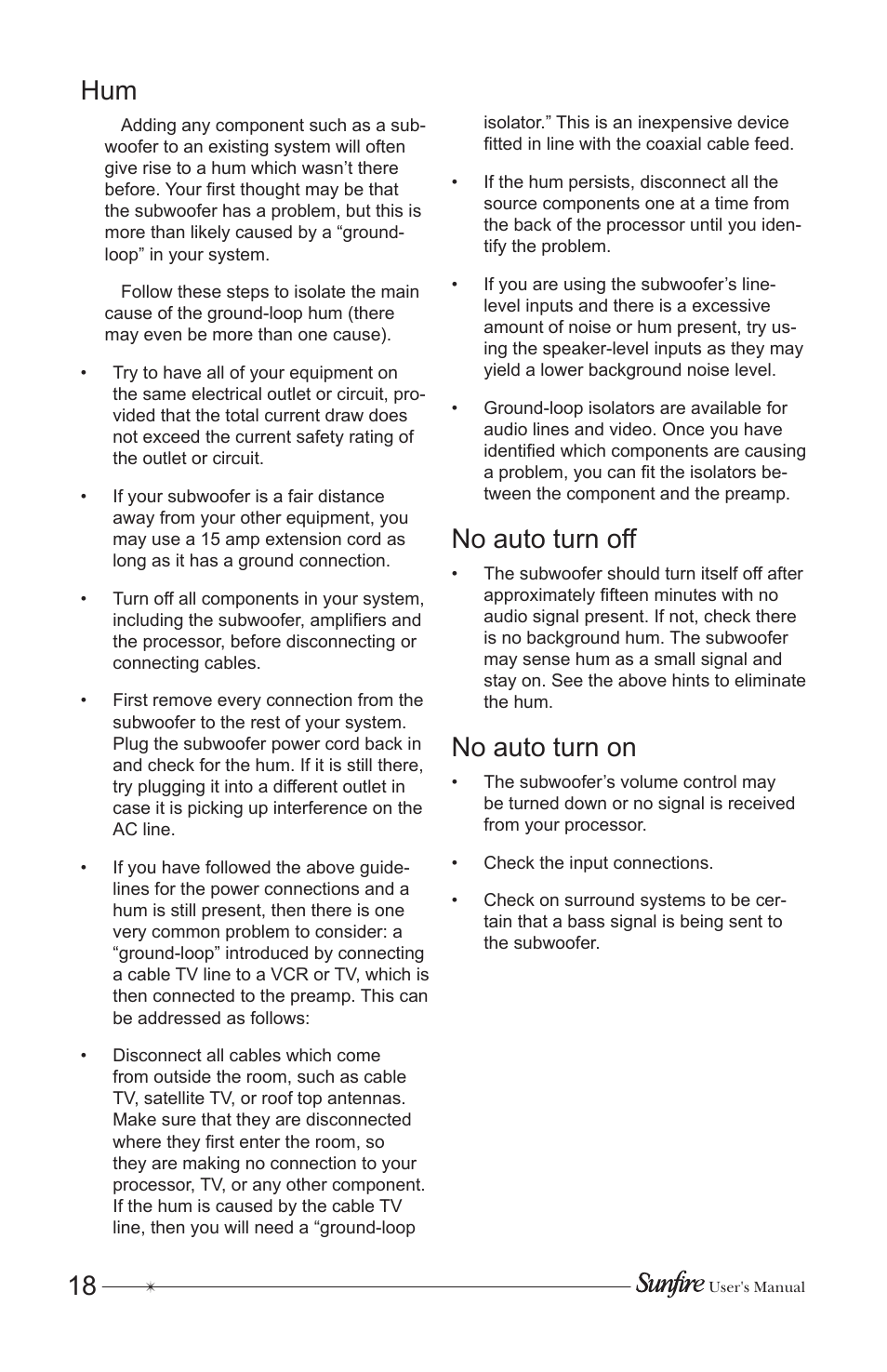 18 hum, No auto turn off, No auto turn on | Sunfire HRS-12 User Manual | Page 18 / 20