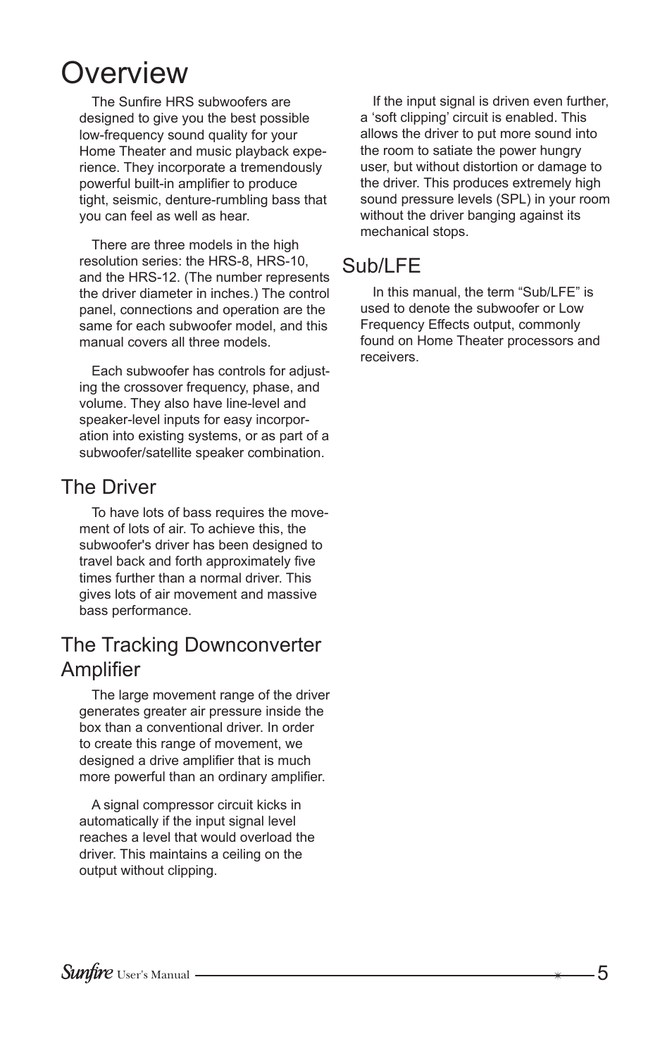 Overview, The driver, The tracking downconverter amplifier | Sub/lfe | Sunfire HRS-12 User Manual | Page 5 / 20