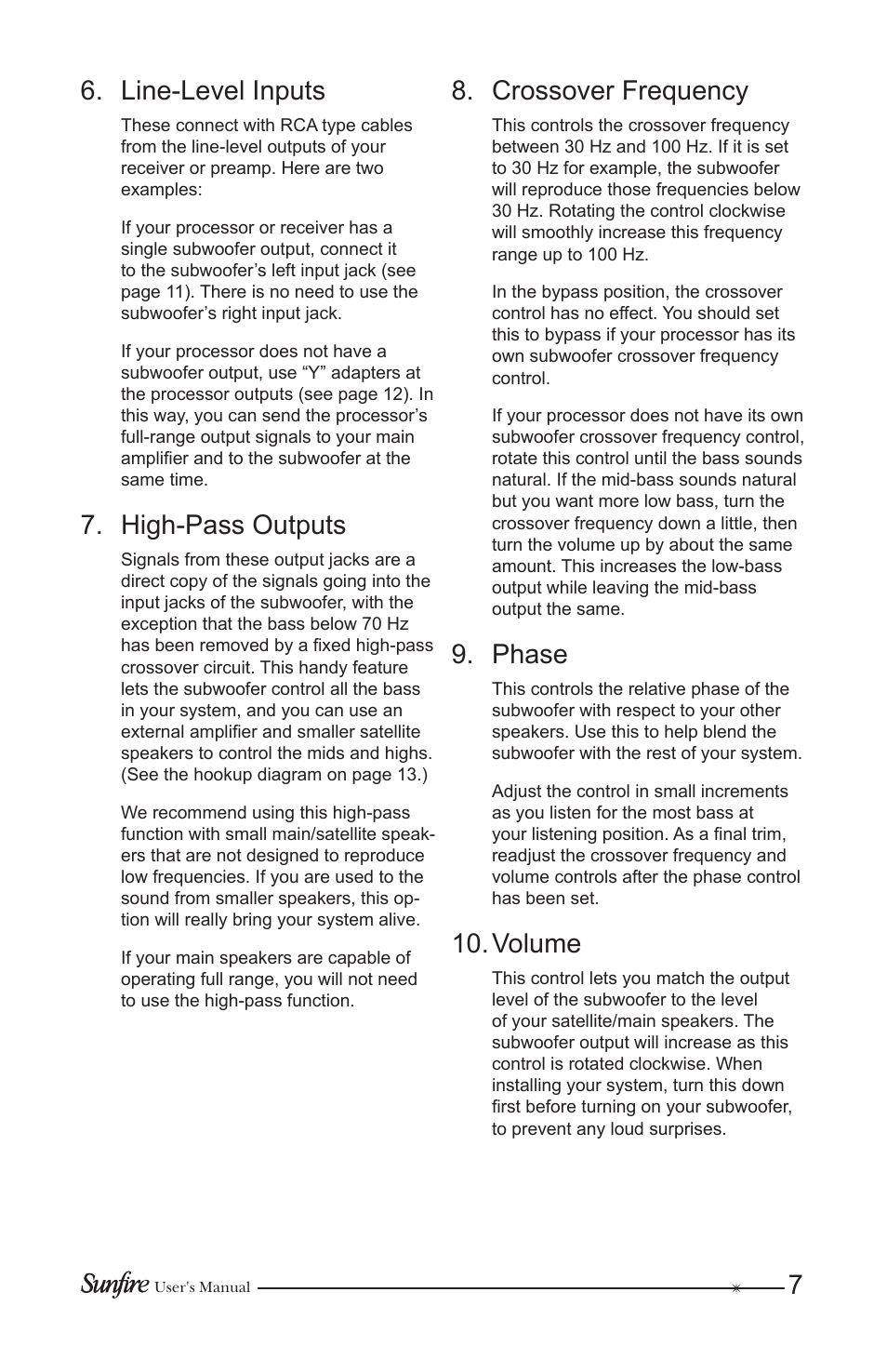 Line-level inputs, High-pass outputs, Crossover frequency | Phase, Volume | Sunfire HRS-12 User Manual | Page 7 / 20