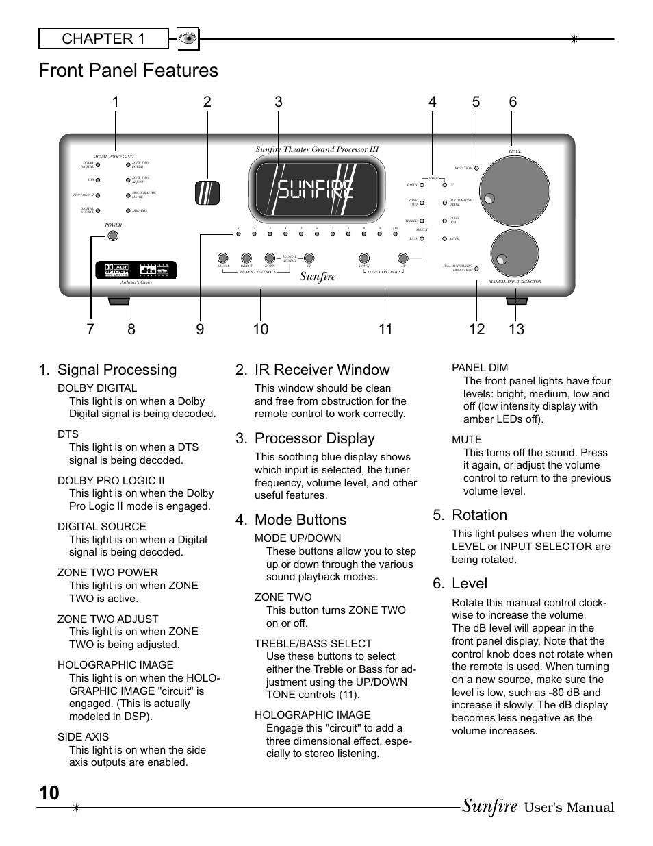 Front panel features, Chapter 1, Signal processing | Ir receiver window, Processor display, Mode buttons, Rotation, Level, User's manual, Sunfire | Sunfire III User Manual | Page 10 / 60