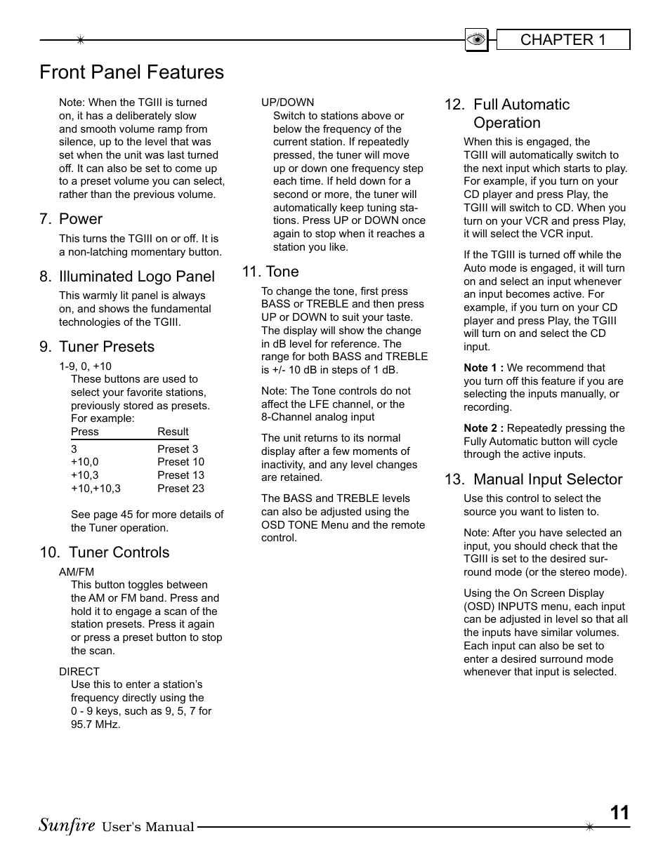 Front panel features, Chapter 1, Power | Illuminated logo panel, Tuner presets, Tuner controls, Tone, Full au to mat ic operation, Manual input selector | Sunfire III User Manual | Page 11 / 60