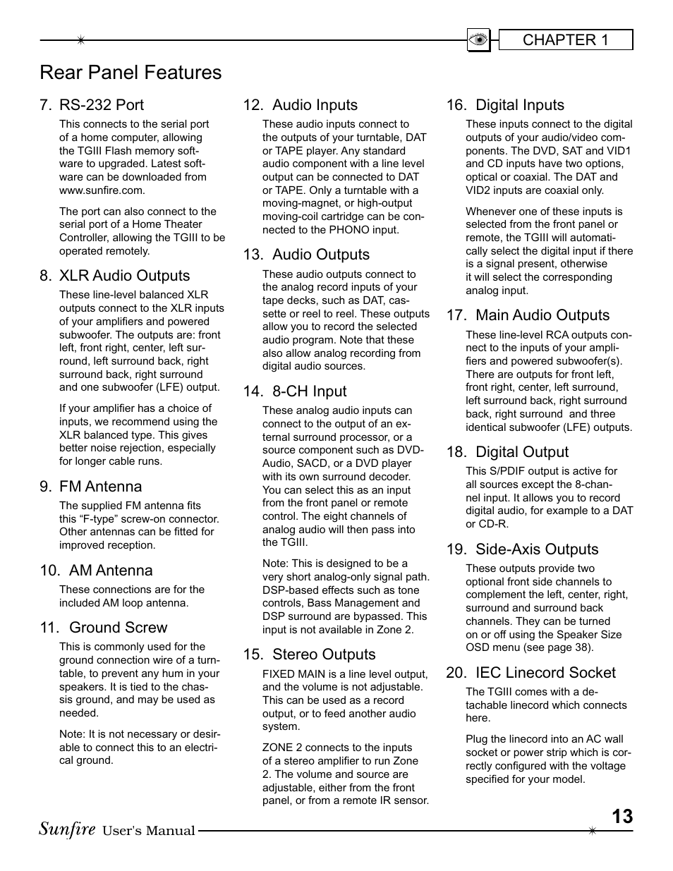 Rear panel fea tures | Sunfire III User Manual | Page 13 / 60