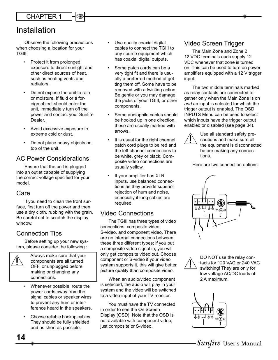 Installation, Chapter 1, Ac power con sid er ations | Care, Connection tips, Video connections, Video screen trigger, User's manual | Sunfire III User Manual | Page 14 / 60