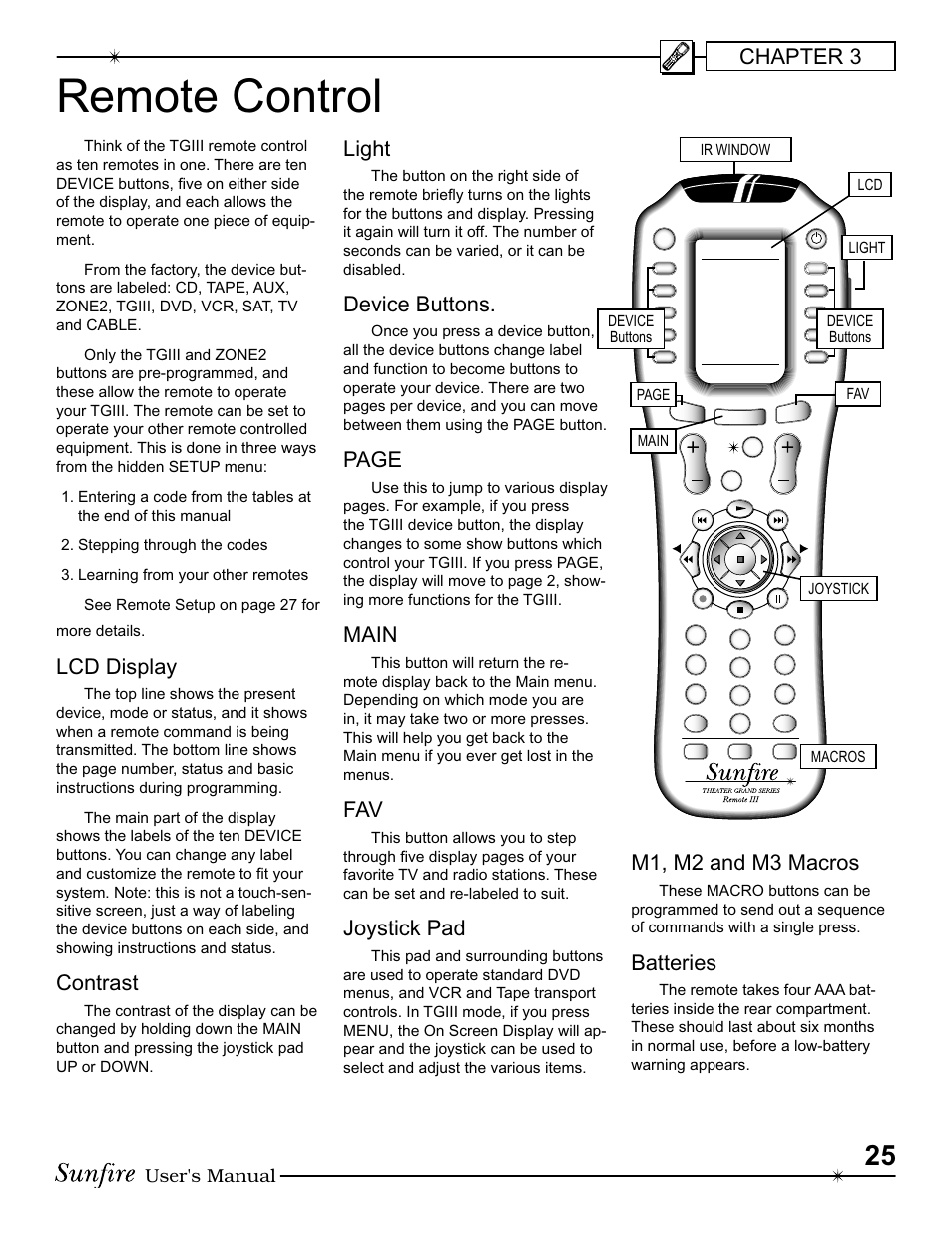 Remote control, Chapter 3, Lcd display | Contrast, Light, Device buttons, Page, Main, Joystick pad, M1, m2 and m3 macros | Sunfire III User Manual | Page 25 / 60