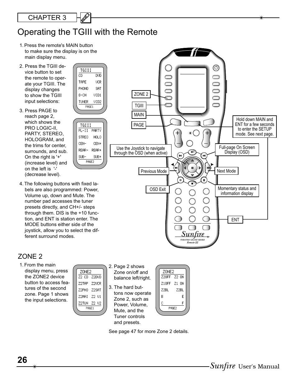 Operating the tgiii with the remote, Chapter 3, Zone 2 | User's manual, Main | Sunfire III User Manual | Page 26 / 60