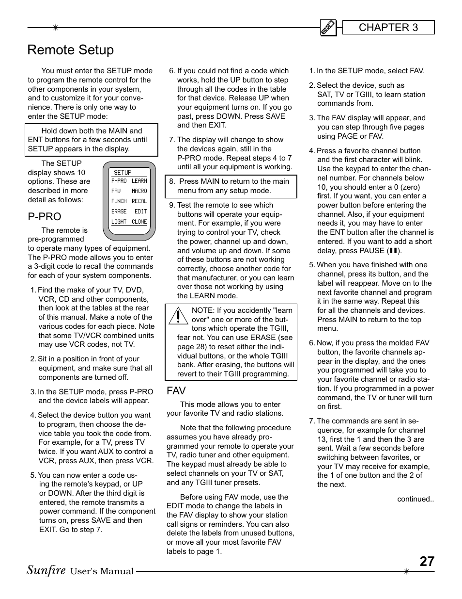 Remote setup, Chapter 3, P-pro | Sunfire III User Manual | Page 27 / 60