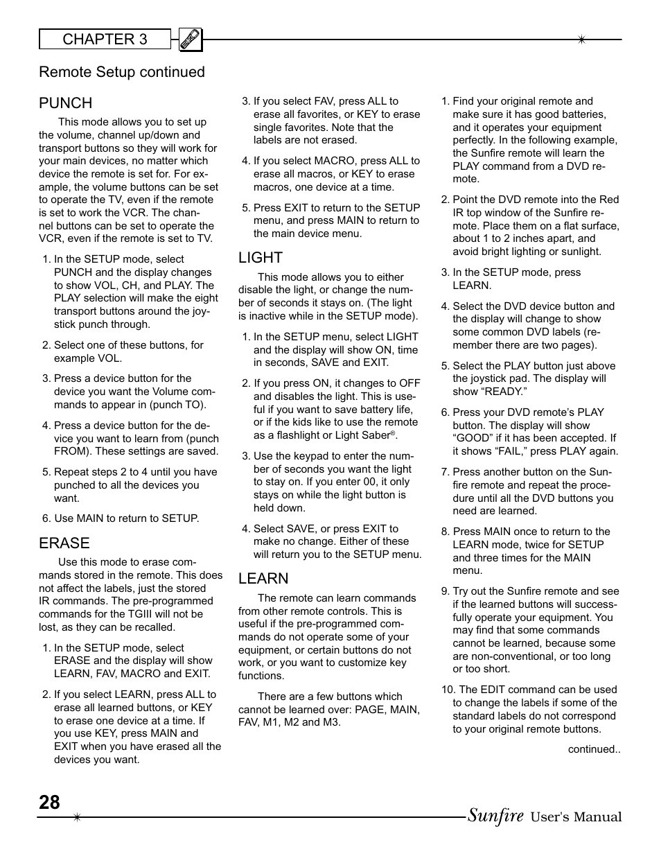 Chapter 3 punch, Erase, Light | Learn, Remote setup continued | Sunfire III User Manual | Page 28 / 60