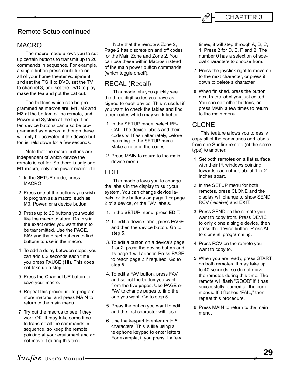 Chapter 3 macro, Recal (recall), Edit | Clone, Remote setup continued | Sunfire III User Manual | Page 29 / 60