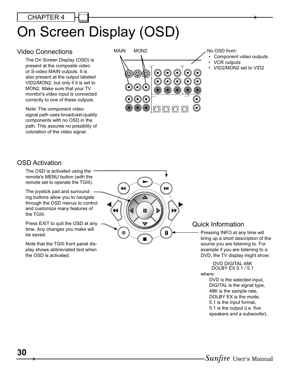 On screen display (osd), Chapter 4, Video connections | Osd activation, Quick information, User's manual | Sunfire III User Manual | Page 30 / 60