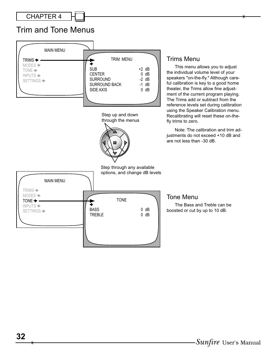 Trim and tone menus, Chapter 4, Trims menu | Tone menu | Sunfire III User Manual | Page 32 / 60