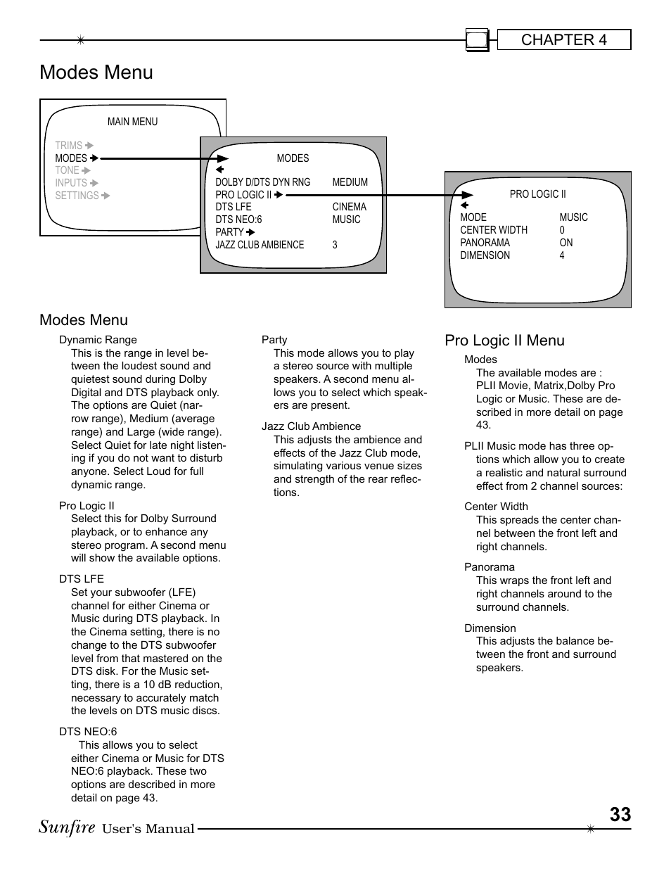 Chapter 4, Modes menu, Pro logic ii menu | Sunfire III User Manual | Page 33 / 60