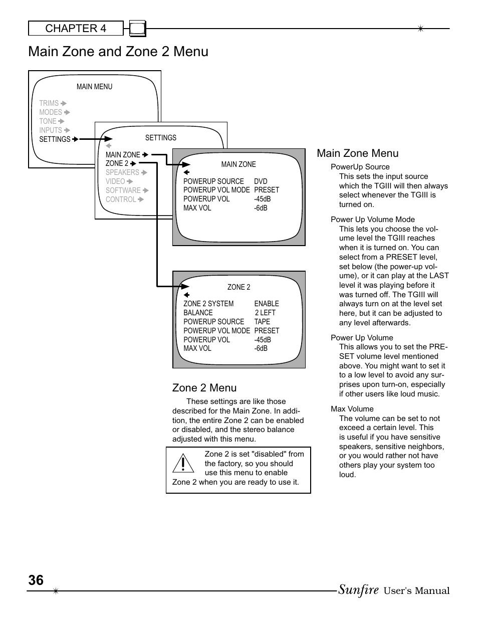 Main zone and zone 2 menu, Chapter 4, Main zone menu | Zone 2 menu | Sunfire III User Manual | Page 36 / 60