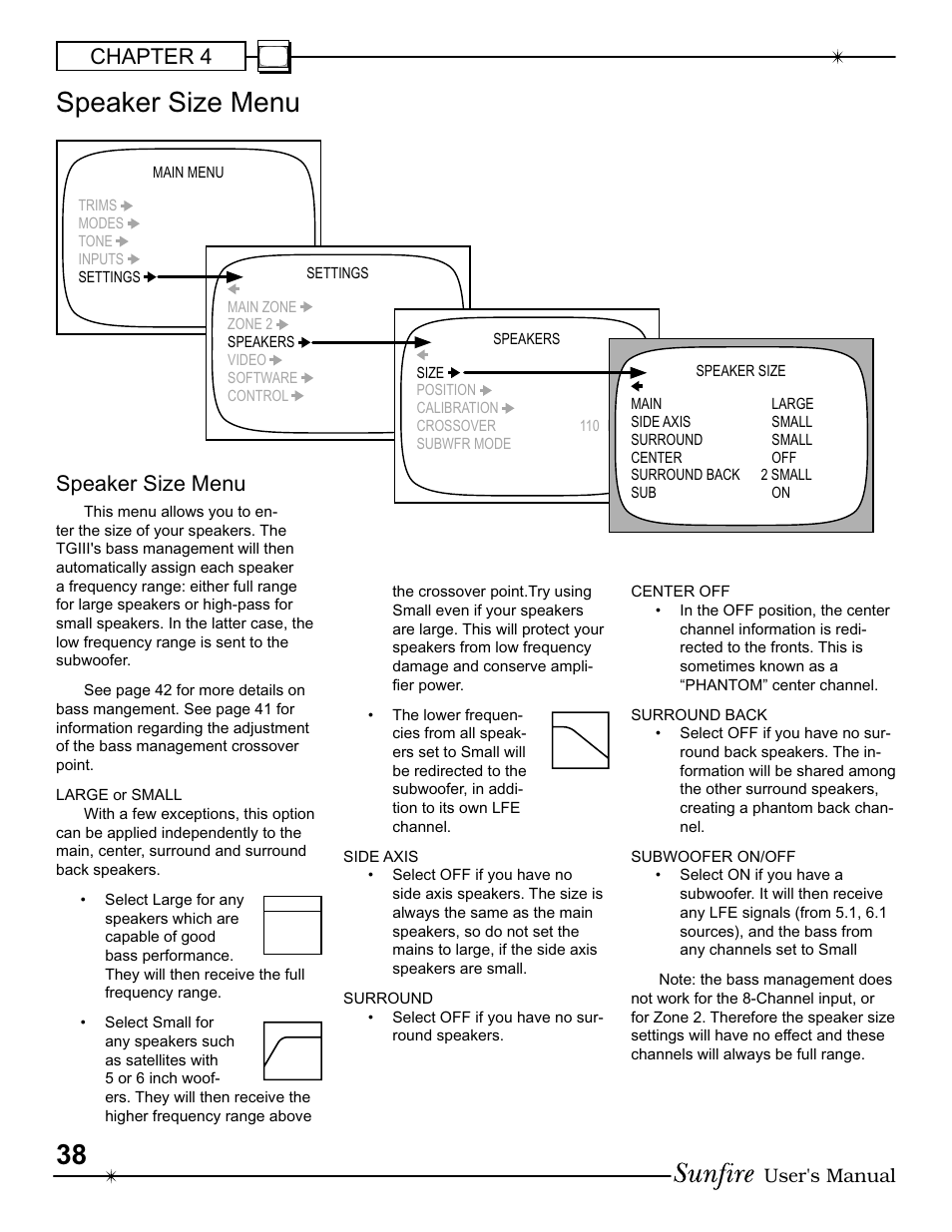 Speaker size menu, Chapter 4, User's manual | Sunfire III User Manual | Page 38 / 60